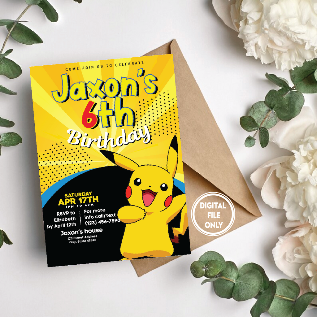 Personalized File Pikachu Invitation Pokemon Birthday Party Invite Printable Digital Pokemone Girl Boy Cake Topper Party Invitation PNG File Only