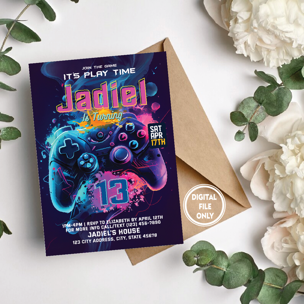 Personalized File Video Game Party Invitation | Printable Gamer Birthday Invite | Green Blue Glow Invite | Gaming | Game Party | Instant Download PNG File Only