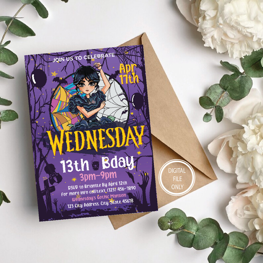 Personalized File Wednesday Birthday Invitation Party Printable Addams Family Cake Topper Card Girl Instant Download Digital PNG File Only