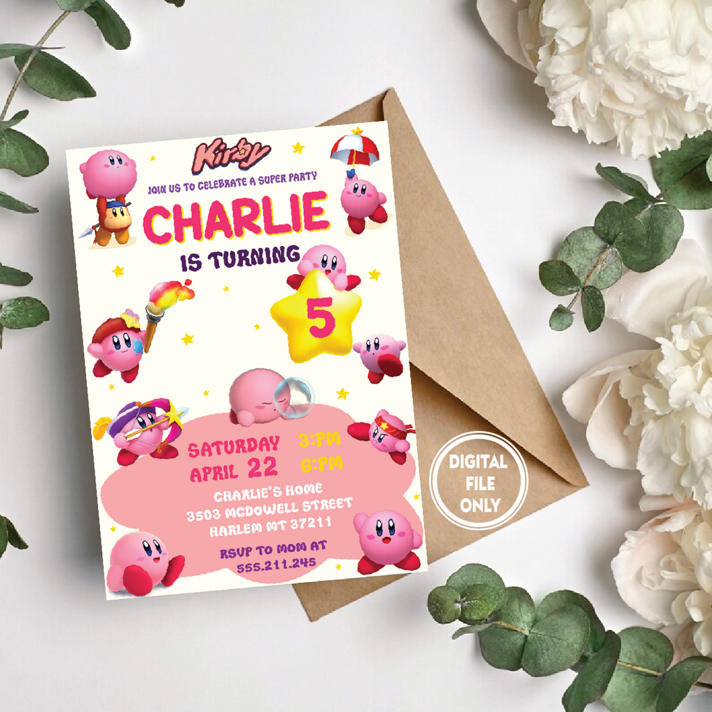 Personalized File Kirby Birthday Invitation | Printable Birthday Party Invitations, Kids party Invite | Instant Download PNG File Only