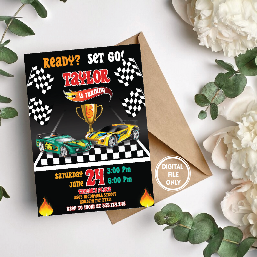 Personalized File Wheels Birthday Invitation, Hot Cars Birthday Invitation, Kid invitation, Race Cars Invitation, Instant Download PNG File Only