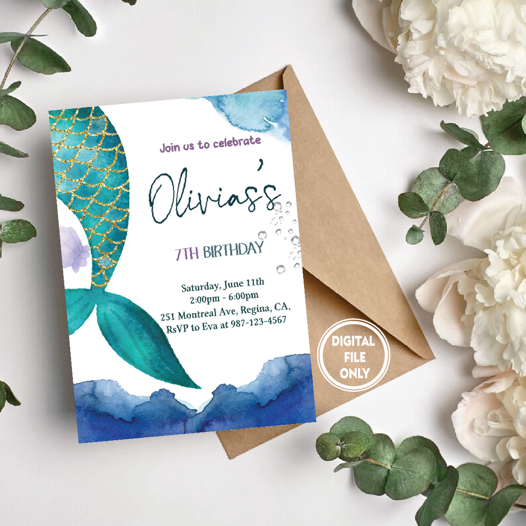 Personalized File Mermaid Birthday Invitation Under the Sea Little Teal Mermaid Birthday Invitation Download, Digital File PNG File Only