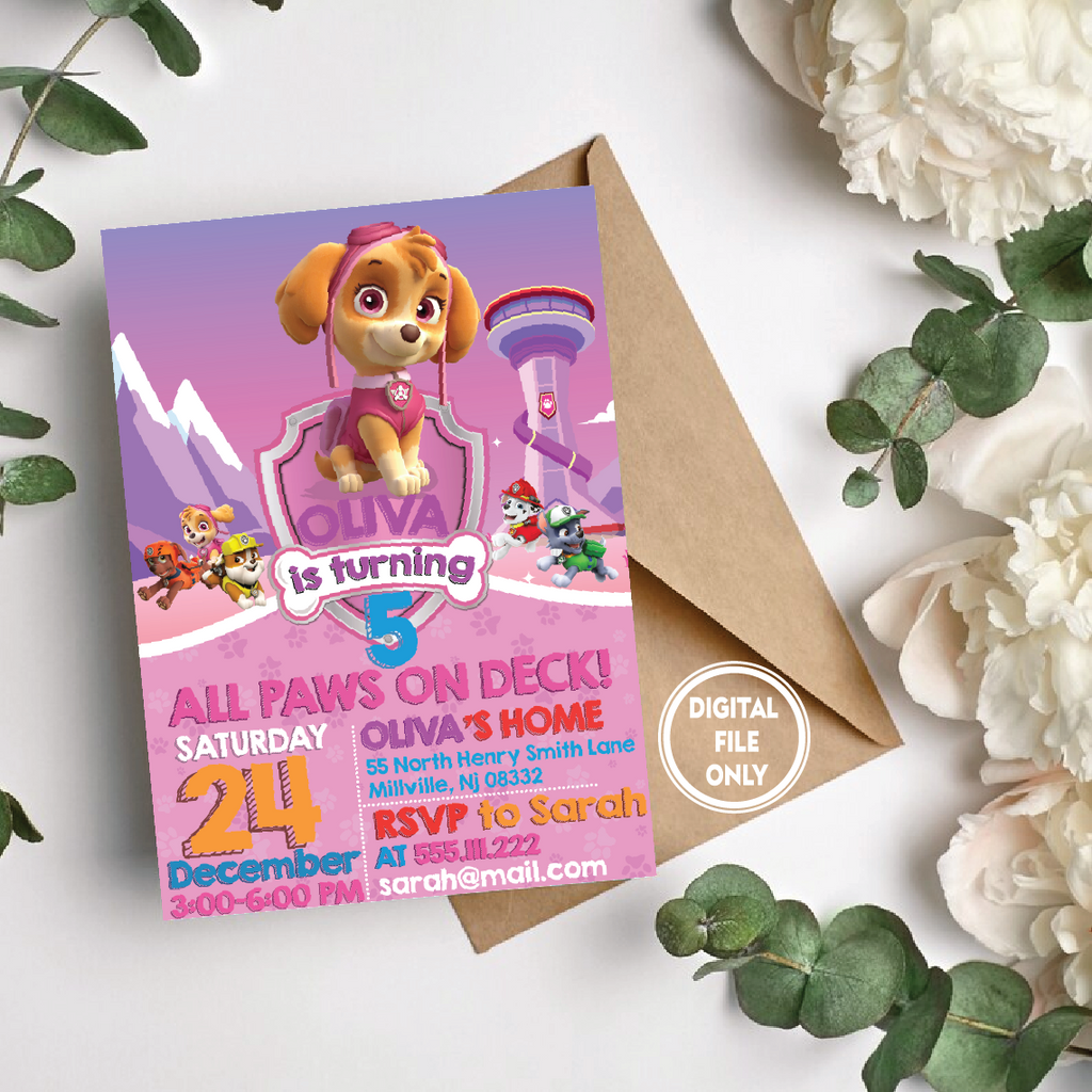 Personalized File Paw-ty Patrol Invitation | Kids Birthday Invitation Printable, Paw Birthday Invitation Girl | Invite Instant Download PNG File Only