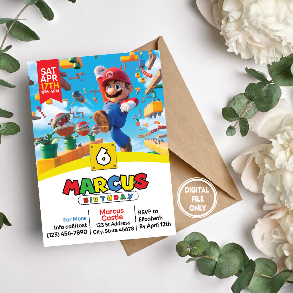 Personalized File Super Mario Birthday Invitation, Mario Bros Birthday Invitation Digital, Printable Birthday Invitation, Instant Download 5x7 PNG File Only