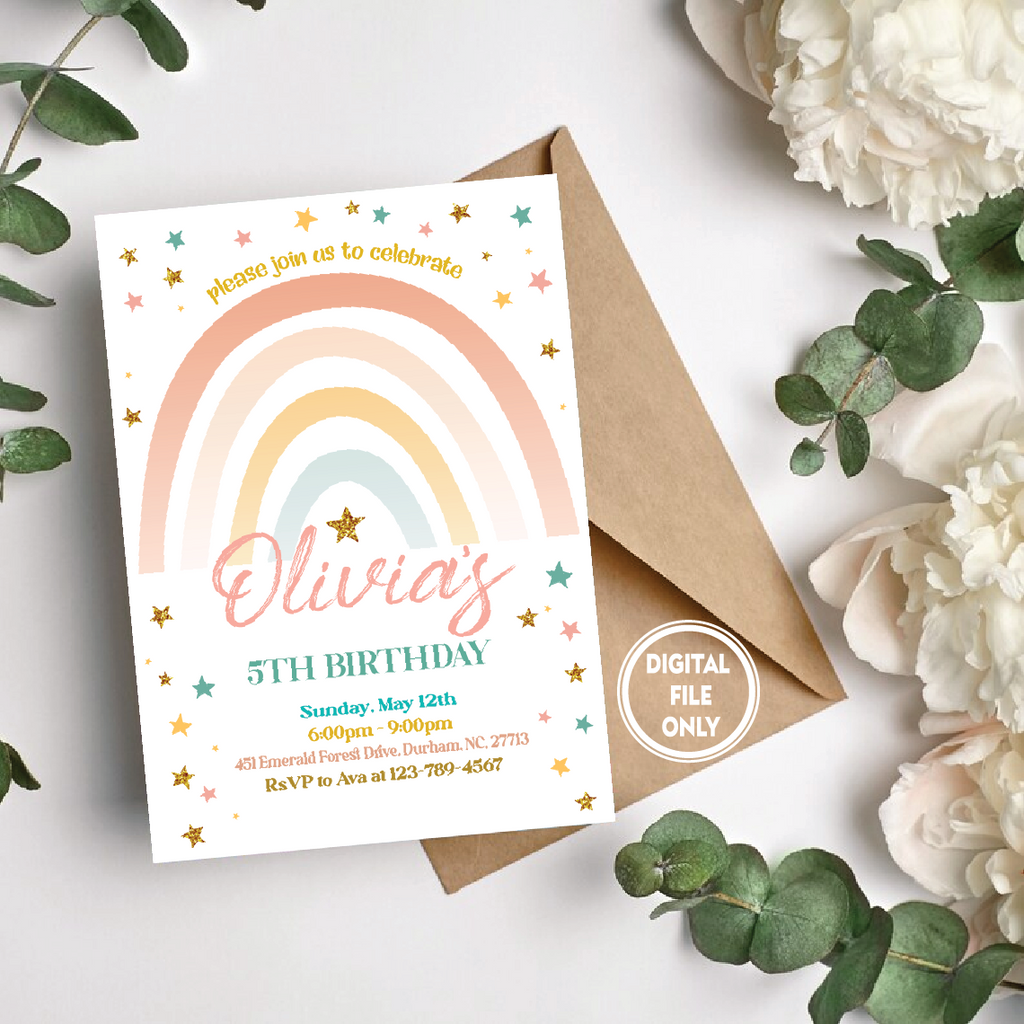 Personalized File Rainbow Birthday Invitation for Girls, Gold Stars Modern, Fun Girls Birthday Invitation ,Printable Download PNG File Only