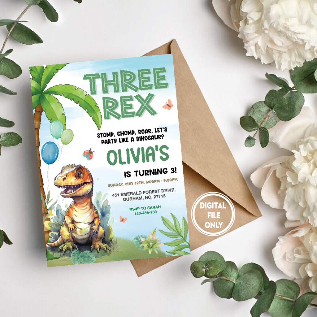 Personalized File Three Rex dinosaur electronic invitation, Instant download Birthday Party Invite Dinosaur birthday PNG File Only