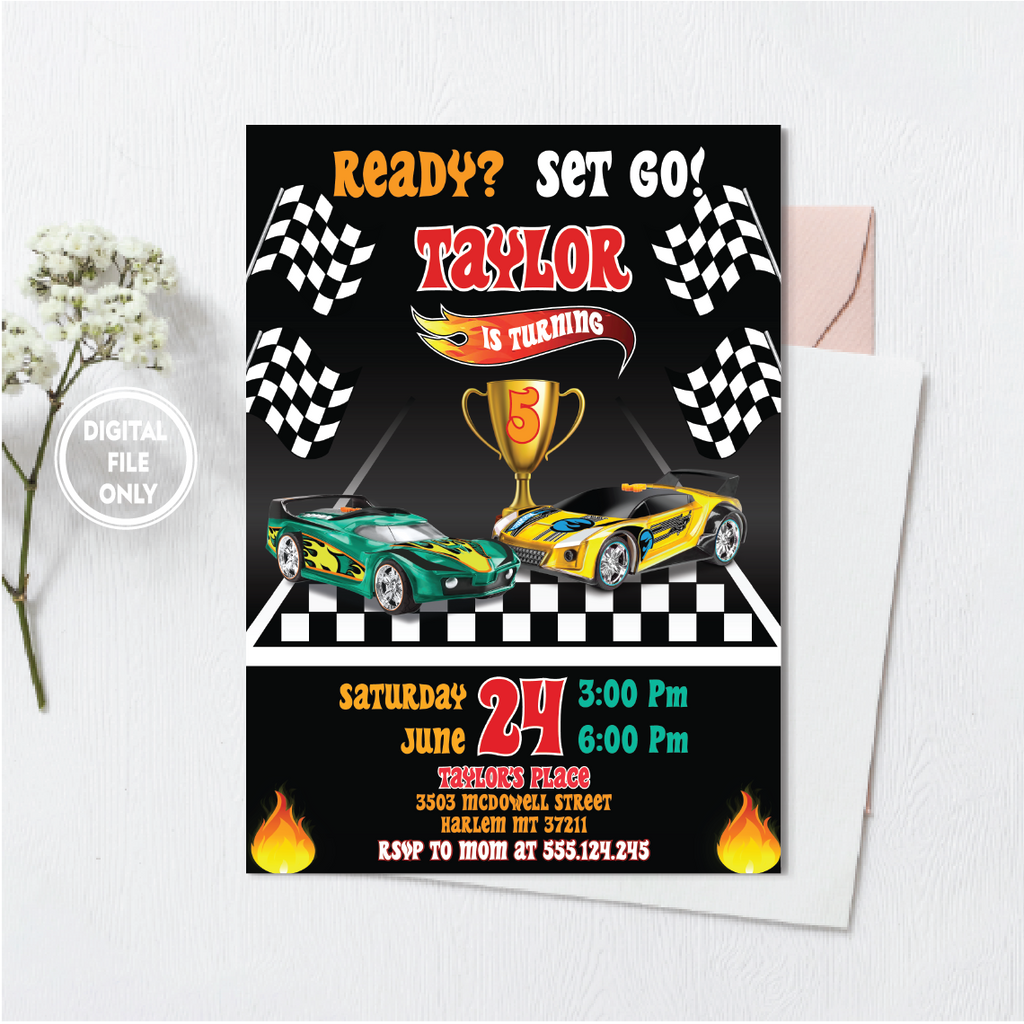 Personalized File Wheels Birthday Invitation, Hot Cars Birthday Invitation, Kid invitation, Race Cars Invitation, Instant Download PNG File Only