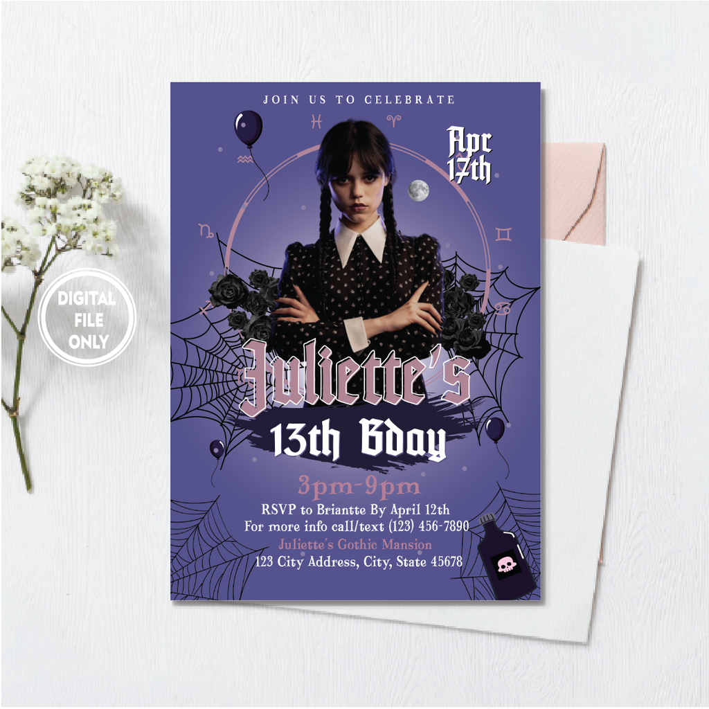 Personalized File Wednesday Addams Birthday Invitation | Wednesday Party Invite | Addams Family | Wednesday Invite | Cake Topper | Wednesday Addams Birthday PNG File Only