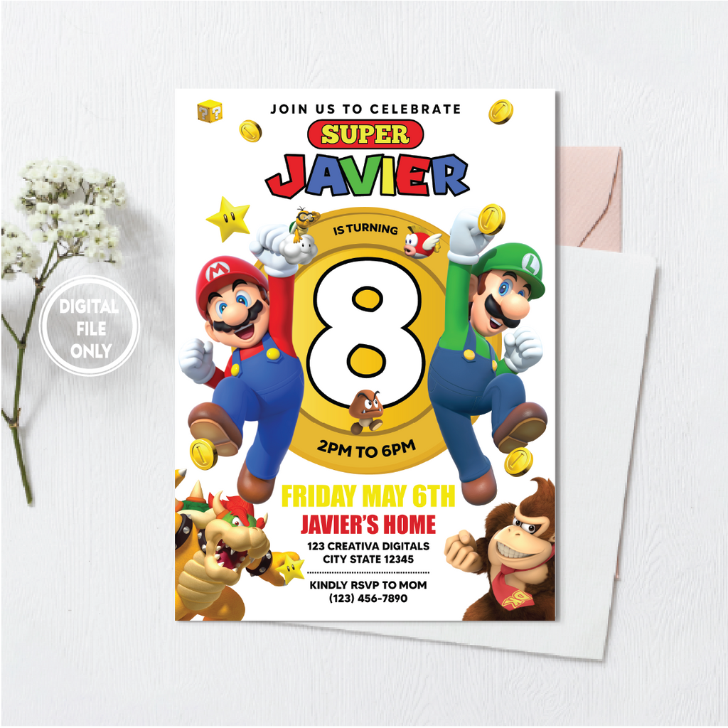 Personalized File Mario Birthday Invitation | Mario Invite | Super Brothers Boy Invite | Digital Birthday Kid Invite | Mario Brothers PNG File Only