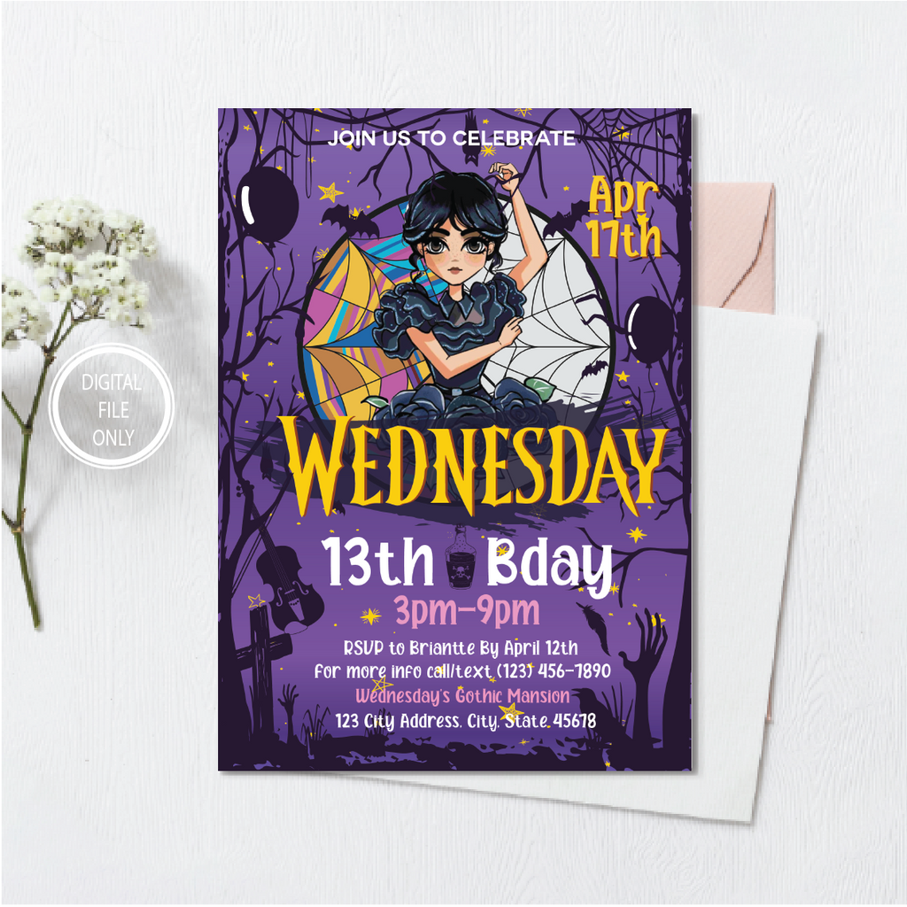 Personalized File Wednesday Birthday Invitation Party Printable Addams Family Cake Topper Card Girl Instant Download Digital PNG File Only