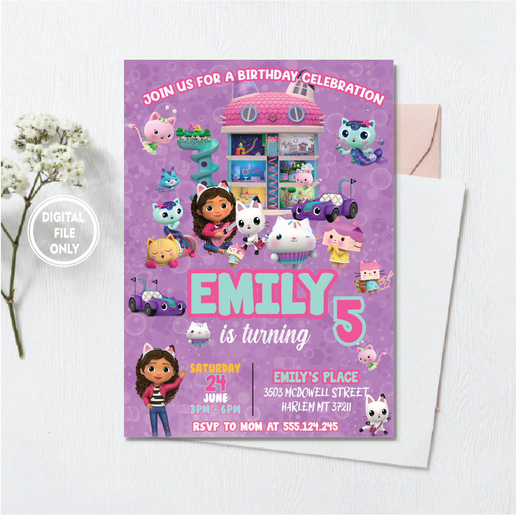 Personalized File Gabbys Dollhouse Birthday Invitation | Editable Gabby's Kids Birthday invite | Pandy Printable | Invite Instant Download  PNG File Only