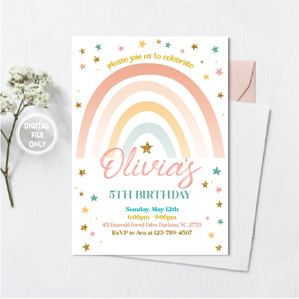 Personalized File Rainbow Birthday Invitation for Girls, Gold Stars Modern, Fun Girls Birthday Invitation ,Printable Download PNG File Only