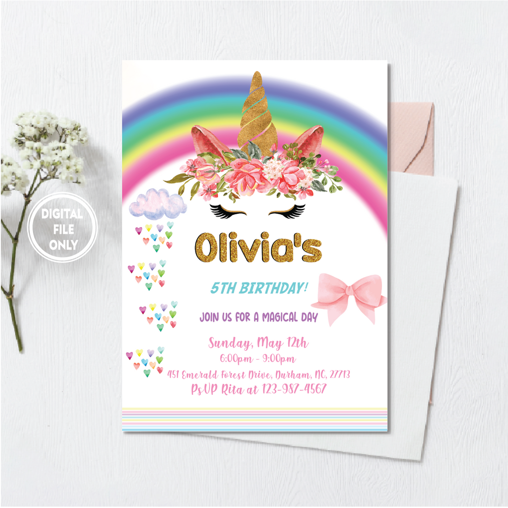 Personalized File Unicorn Rainbow Birthday Party Invitation Instant Download Digital File PNG File Only