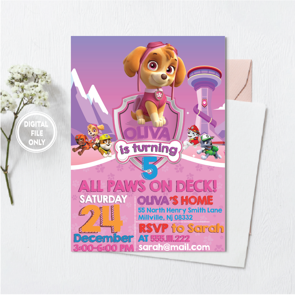 Personalized File Paw-ty Patrol Invitation | Kids Birthday Invitation Printable, Paw Birthday Invitation Girl | Invite Instant Download PNG File Only