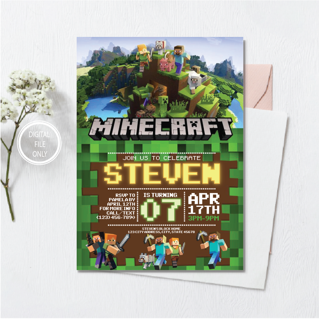 Personalized File Minecrafter Birthday Invitations Editable Minecraft Birthday Invitation Editable Mine Invite PNG File Only