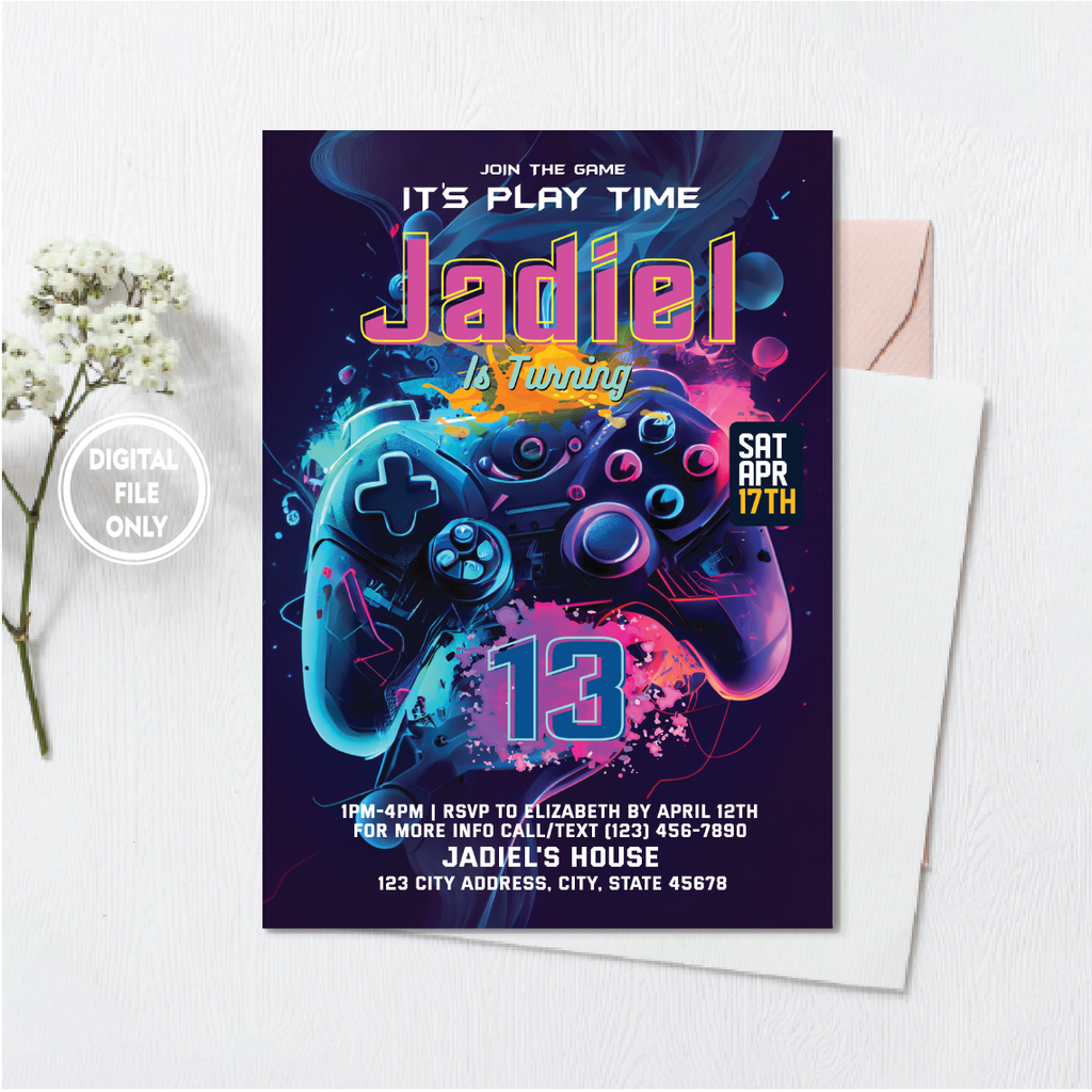 Personalized File Video Game Party Invitation | Printable Gamer Birthday Invite | Green Blue Glow Invite | Gaming | Game Party | Instant Download PNG File Only