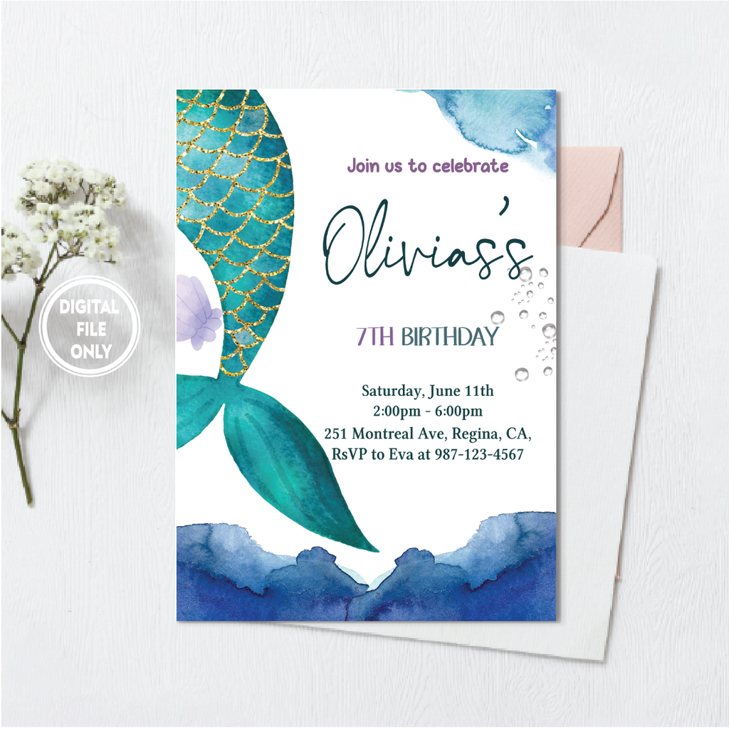 Personalized File Mermaid Birthday Invitation Under the Sea Little Teal Mermaid Birthday Invitation Download, Digital File PNG File Only