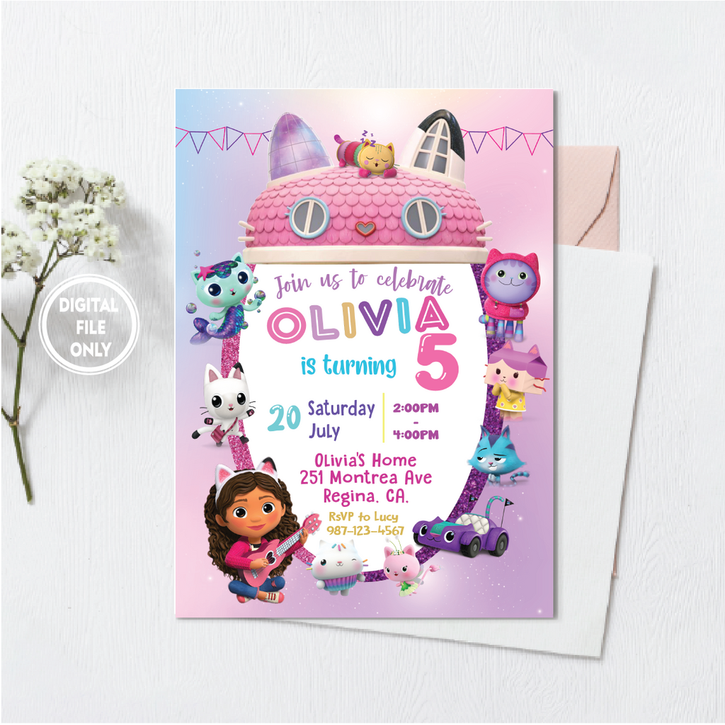 Personalized File Gabbys Dollhouse Birthday Invitation Invite Instant Download Gabby's Kids Birthday invite PNG File Only