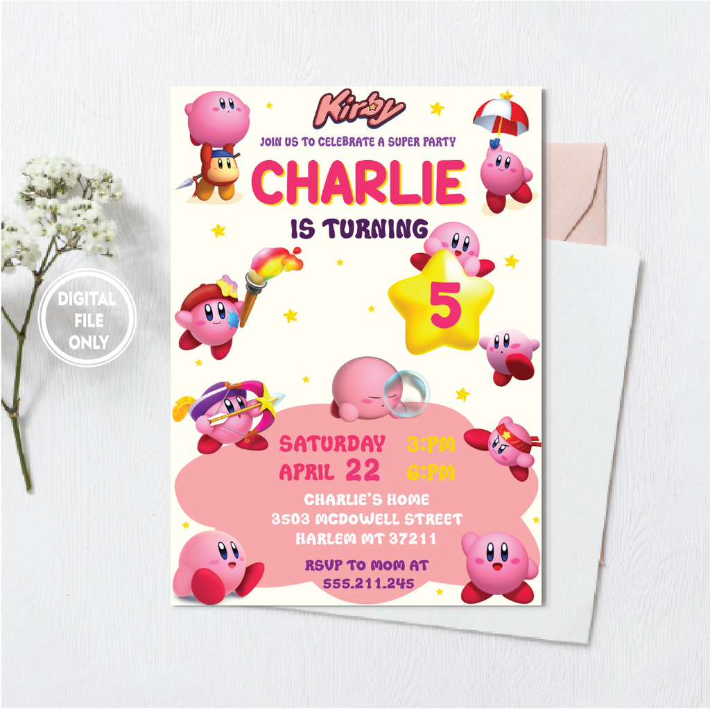 Personalized File Kirby Birthday Invitation | Printable Birthday Party Invitations, Kids party Invite | Instant Download PNG File Only