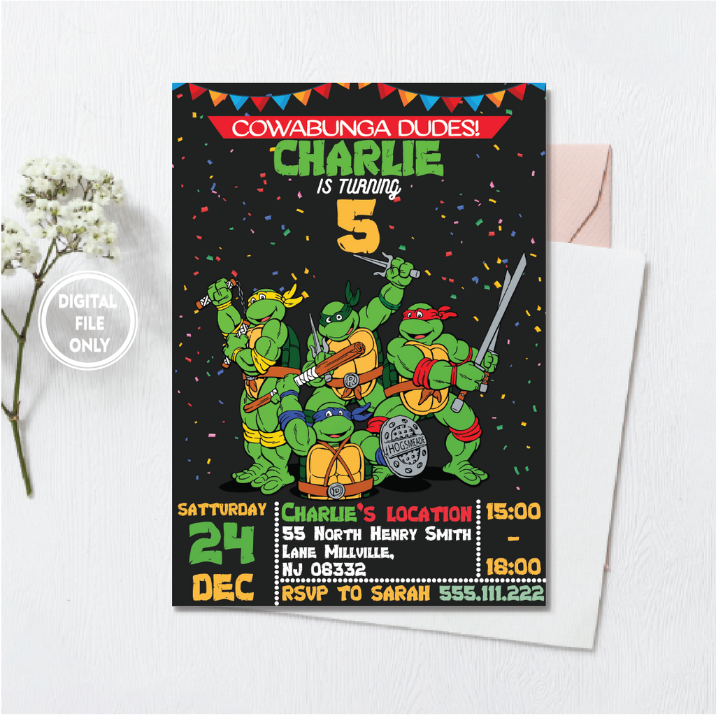 Personalized File Turtle Birthday Invitation | Printable Ninja Invite, Turtle Evite, Editable| Instant Download PNG File Only