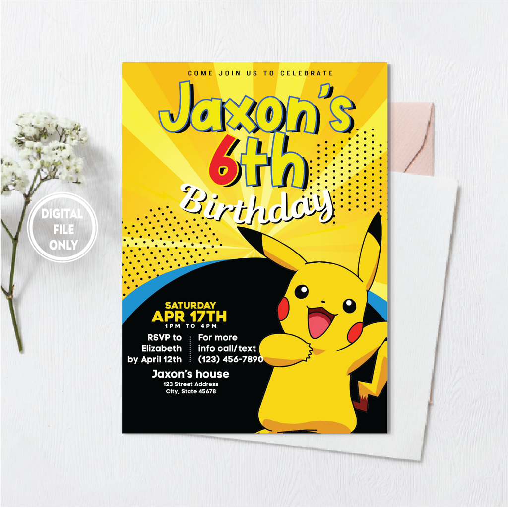 Personalized File Pikachu Invitation Pokemon Birthday Party Invite Printable Digital Pokemone Girl Boy Cake Topper Party Invitation PNG File Only