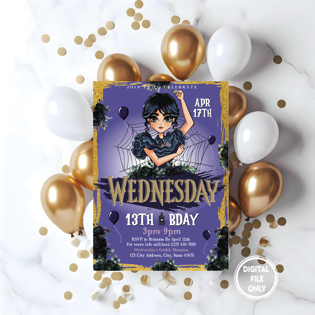 Personalized File Wednesday Birthday Invitation Party Invite Printable Editable Addams Family Digital Kid Cake Topper Girl Boy Instant Download PNG File Only