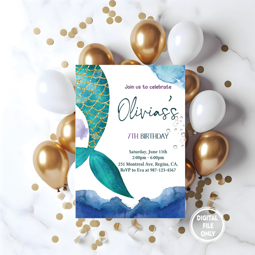 Personalized File Mermaid Birthday Invitation Under the Sea Little Teal Mermaid Birthday Invitation Download, Digital File PNG File Only