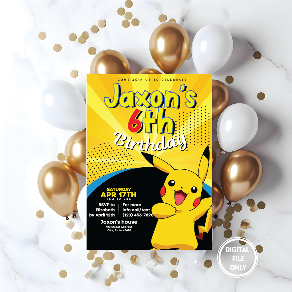 Personalized File Pikachu Invitation Pokemon Birthday Party Invite Printable Digital Pokemone Girl Boy Cake Topper Party Invitation PNG File Only