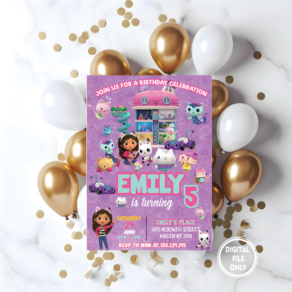 Personalized File Gabbys Dollhouse Birthday Invitation | Editable Gabby's Kids Birthday invite | Pandy Printable | Invite Instant Download  PNG File Only