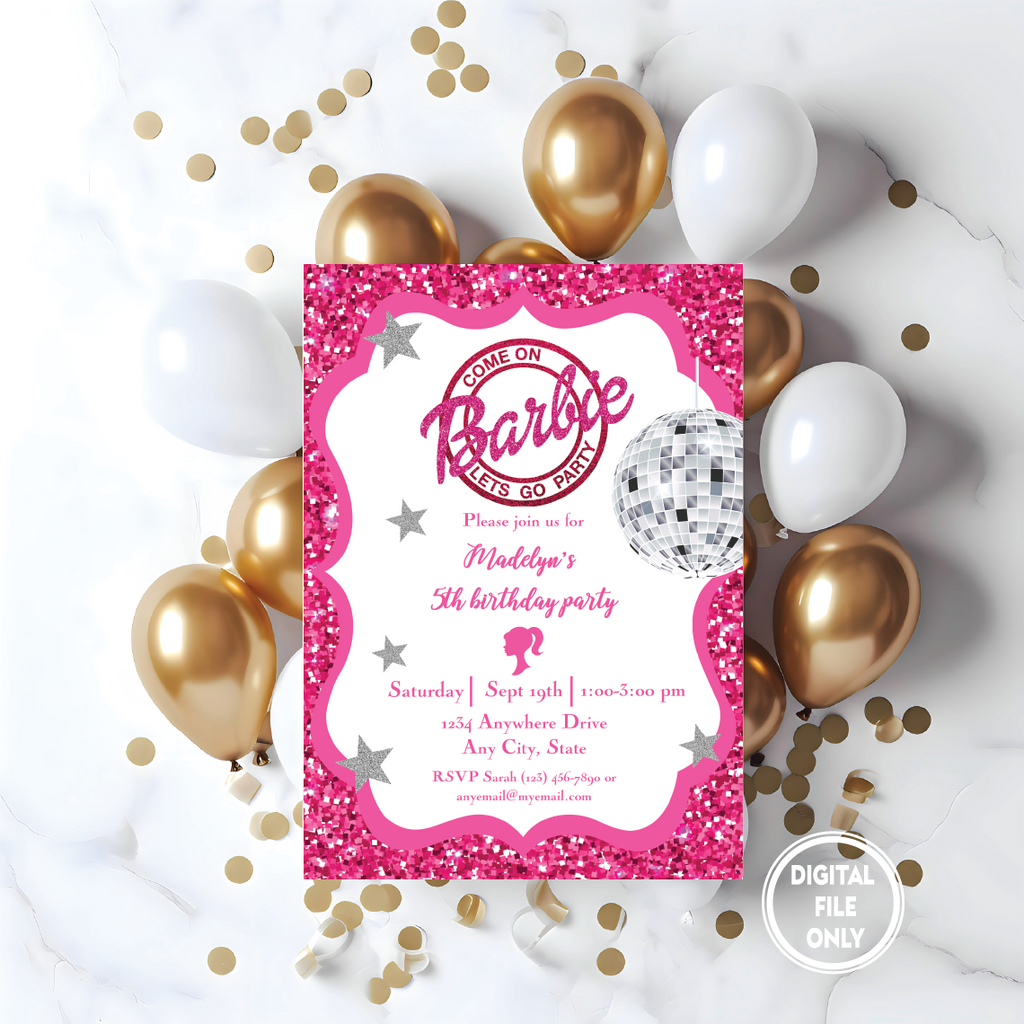 Personalized File Digital Girl's Birthday Party, Invitation for Girl Printable, Instant Download, Hot Pink Birthday Invite, Glitter Pink Invitation PNG File Only