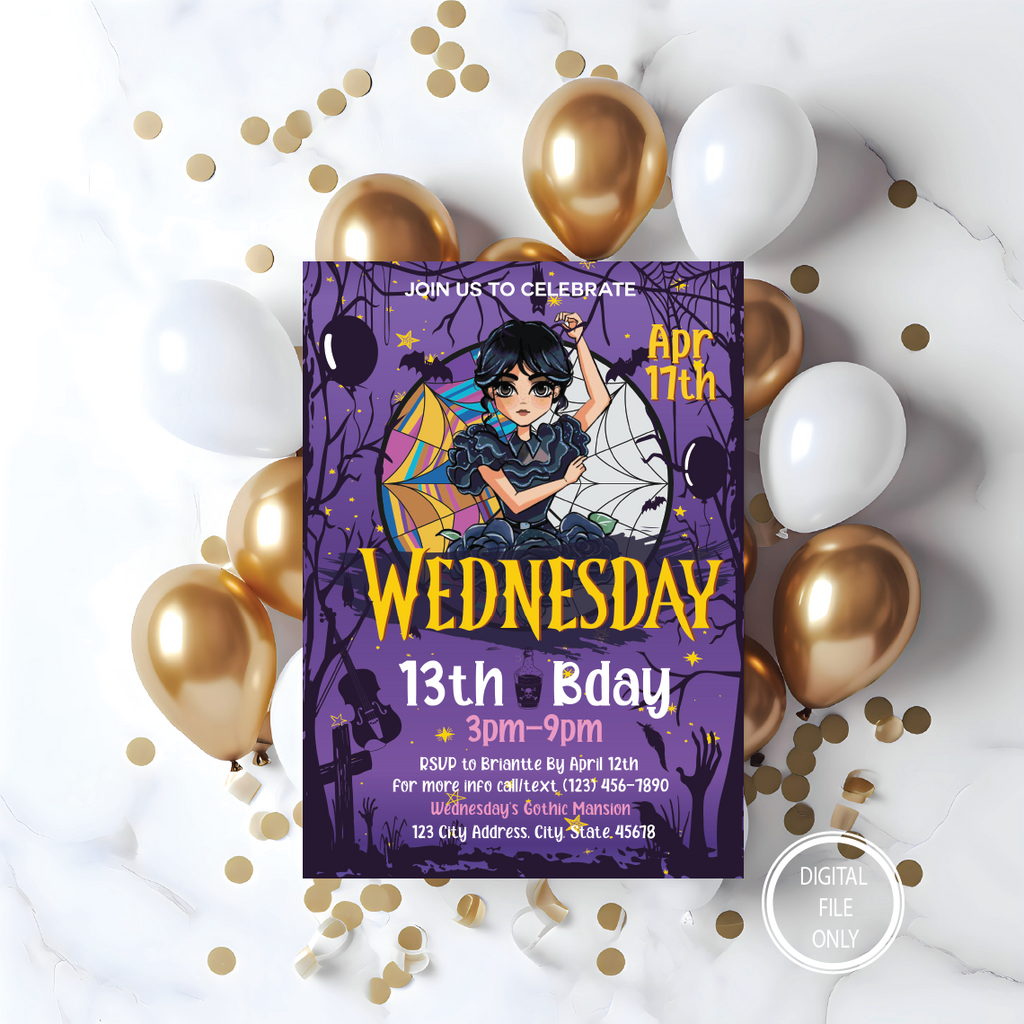 Personalized File Wednesday Birthday Invitation Party Printable Addams Family Cake Topper Card Girl Instant Download Digital PNG File Only