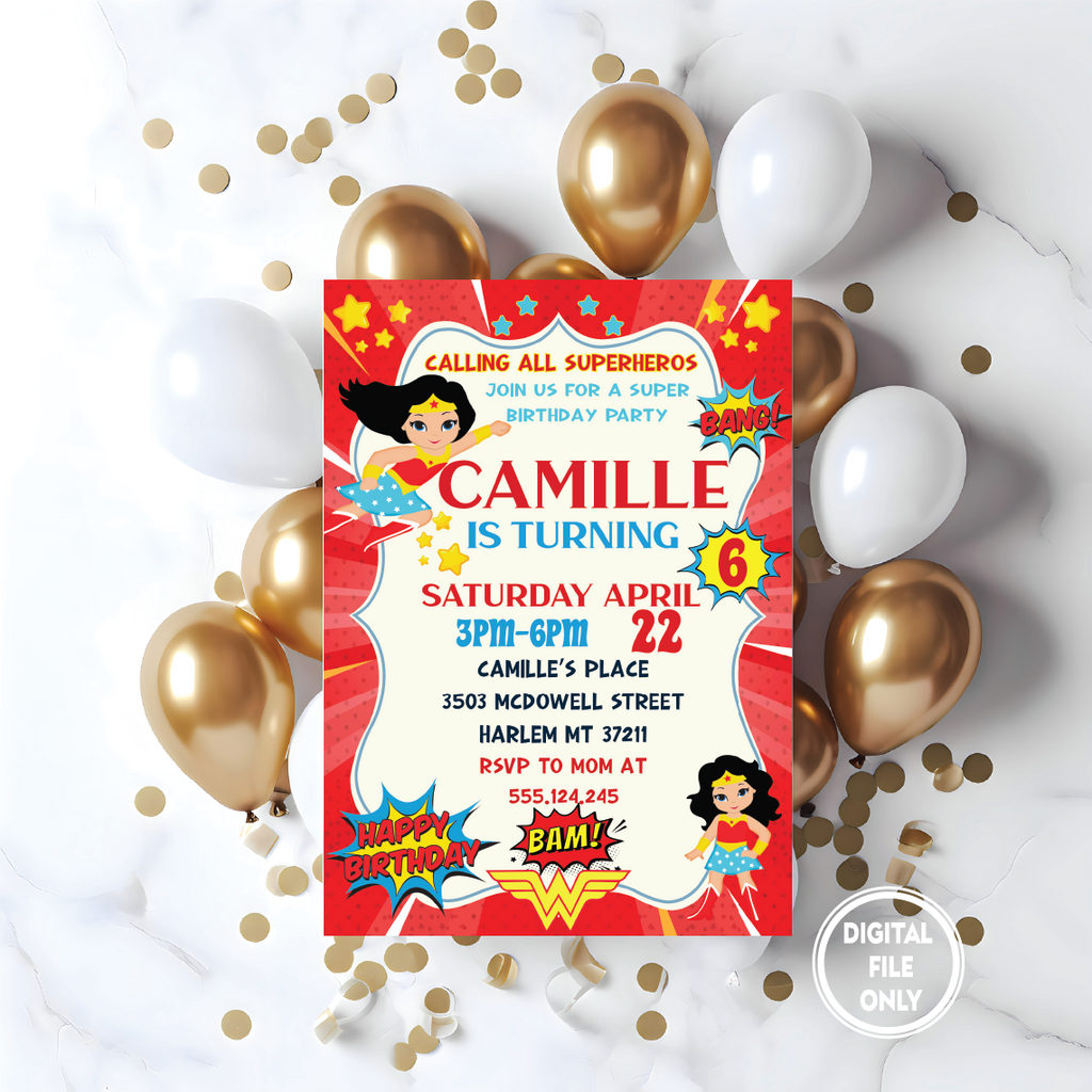 Personalized File Wonder Woman Birthday Invitation | Printable Birthday Wonder Woman Party Invitations, Kids Party Invite | Instant Download PNG File Only