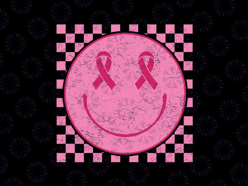 Breast Cancer Retro Smiley Face Svg Png, Cancer Awareness Hippie Pink Face Svg, Breast Cancer Awareness Png, Digital Download