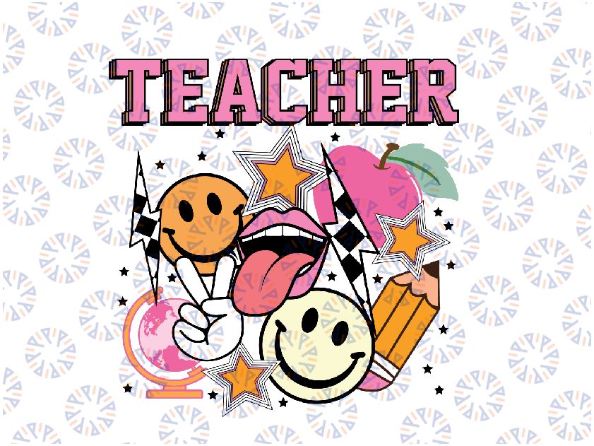 Retro Teacher Life Svg, Teacher Appreciation Svg, Boho Teacher Smiley, Checkered Teacher Svg, Back To School Png, Digital Download