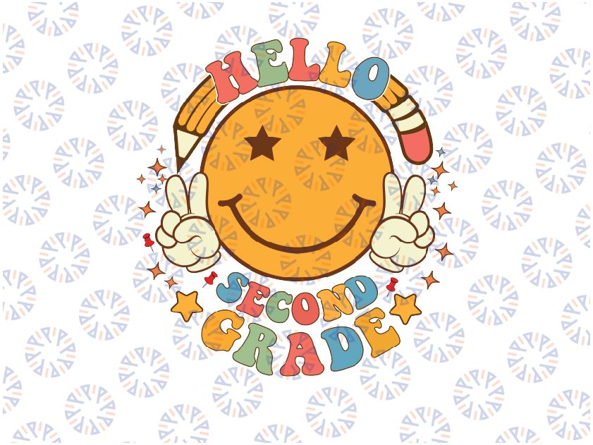 Hello 2nd Grade Smile Pencil Groovy Back To Shool 2nd Grade Svg, Happy Smiley Face Svg, Back To School Png, Digital Download