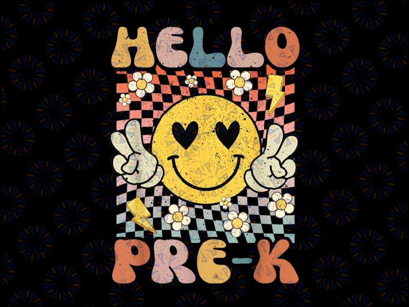 Hello Pre-K Back To School 1st Day of School Kids Teacher Png, Pre-K Retro Groovy Smiley Png, Back To School Png, Digital Download