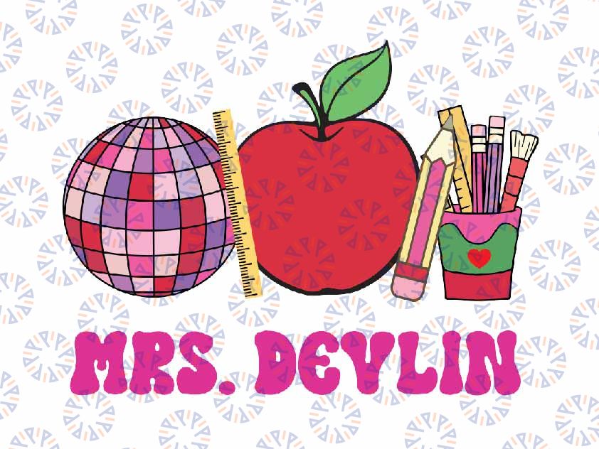 Personalized Name Teacher Disco Ball Svg, Trendy Retro Apple Teacher Name Svg, Back To School Png, Digital Download