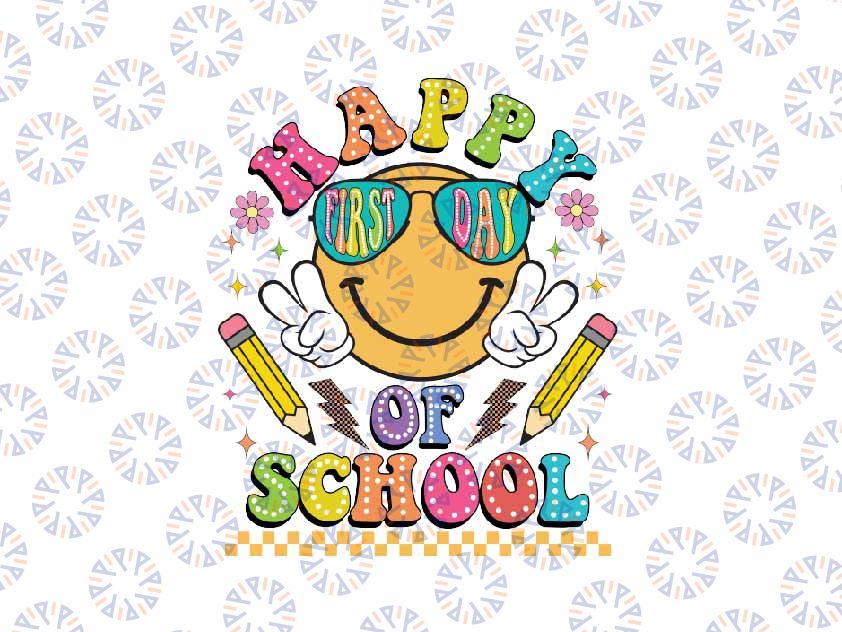 Happy First Day Of School Svg, Hello School Retro Smiley Face Svg, Back To School Png, Digital Download