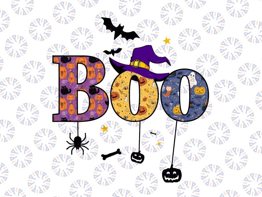 Boo Halloween Costume PNG, Halloween Gift, Witch Hat png, Spider, Bats Sublimation Design Download