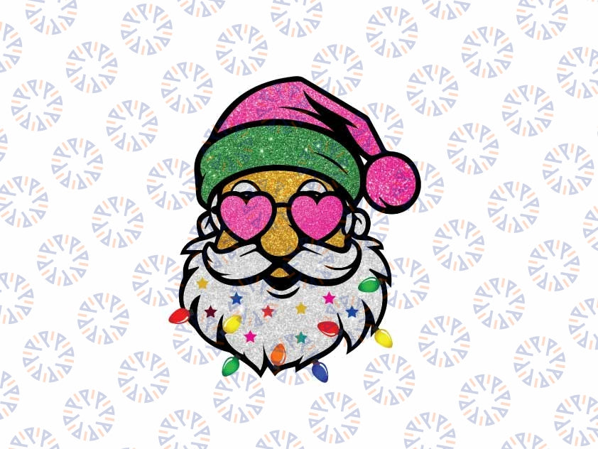 Santa with Sunglasses Christmas Png, Cute Christmas Png Digital Design Cheerful Sparkly Glitter Christmas Lights Pink Santa Png