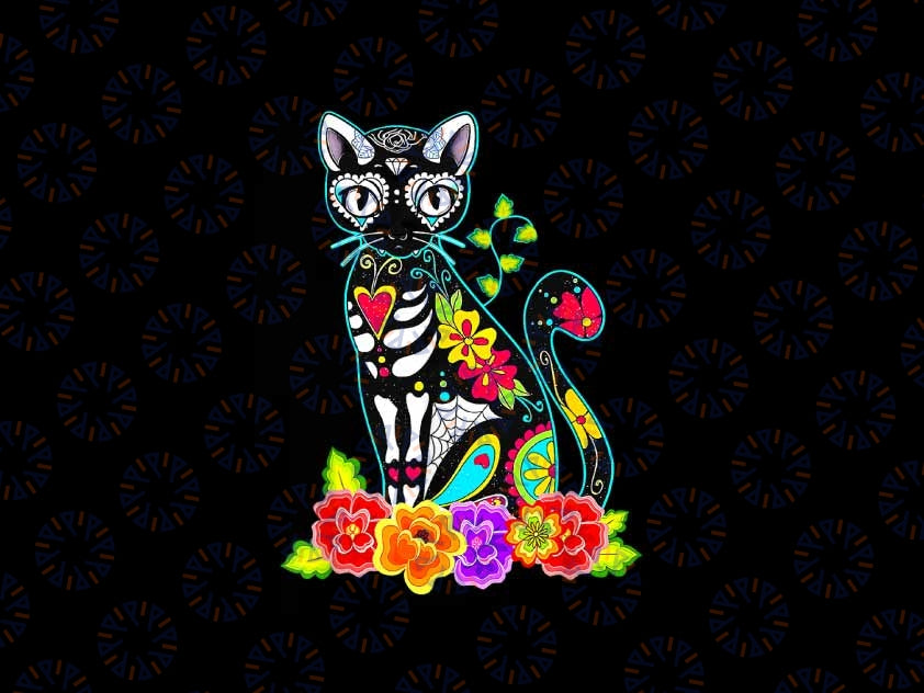 Dia De Los Muertos Cat Figurine Day of the Dead Png, Funny Christmas Cat Flower Png, Chistmas Png, Digital Download