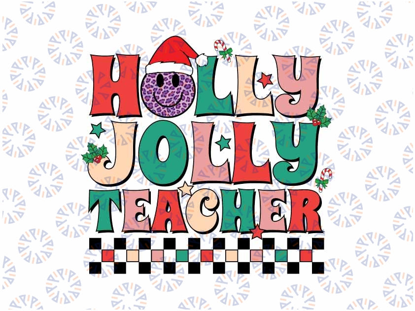 Groovy Retro Holly Xmas Jolly Teacher Christmas Vibes Hippie Png, Teacher Smiley Face Leopard Xmas Png, Christmas Png, Digital Download