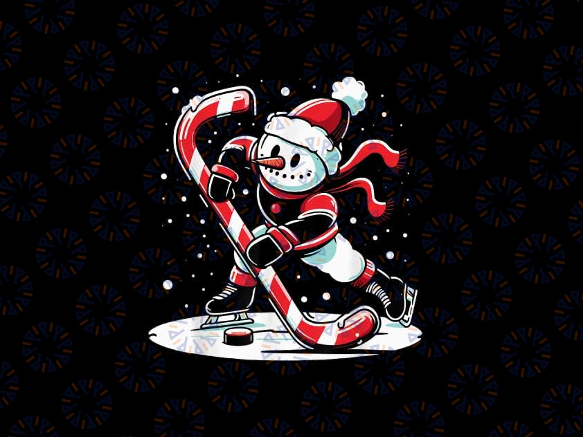 PNG ONLY A Snowman Playing Hockey With A Candy Cane Hockey Stick Png, Snowman Christmas Candy Cane Png, Christmas Png, Digital Download