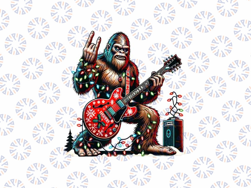 PNG ONLY Retro Bigf-oot Christmas Lights Rock And Roll Playing Guitar Png, Big-foot Xmas Light Music Png, Christmas Png, Digital Download