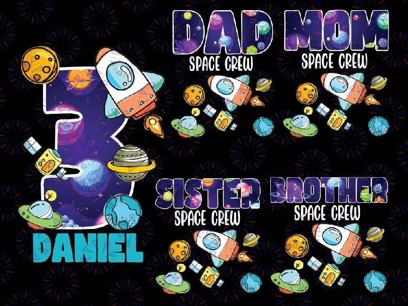 Family Matching Outer Space Birthday Crew Png, Personalized Planets Birthday Party Png, Custom Name And Age Planets Png