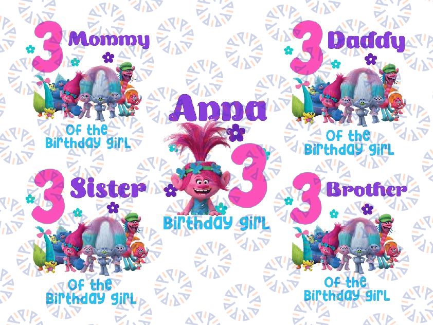 Personalized Name Trolls Birthday Png, Trolls Band Together Birthday Boy Girl Png, Custom Birthday Girl Png EPS, Digital Download