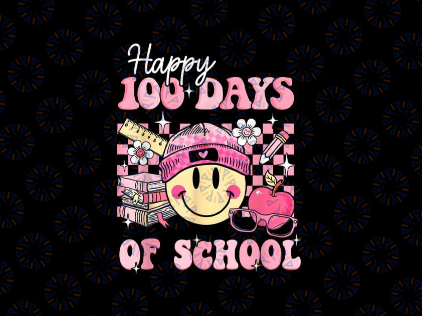 PNG ONLY Happy 100 Days Of School Teacher Png, Retro Groovy 100th Day Smiley Face Png, Digital Download