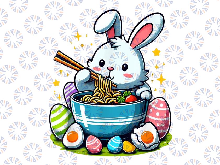 PNG ONLY Anime Easter Bunny Eating Ramen Noodles With Easter Eggs Png, Easter Day Png, Digital Download