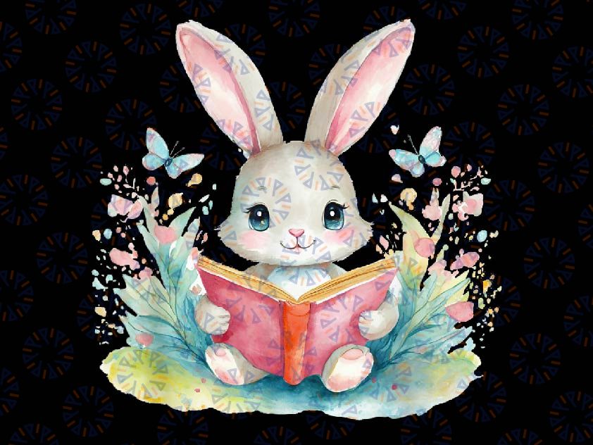 PNG ONLY Cute Rabbit Watercolor Book Reading Bunny Png, Bunny Rabbit Reading Book Png, Easter Day Png, Digital Download