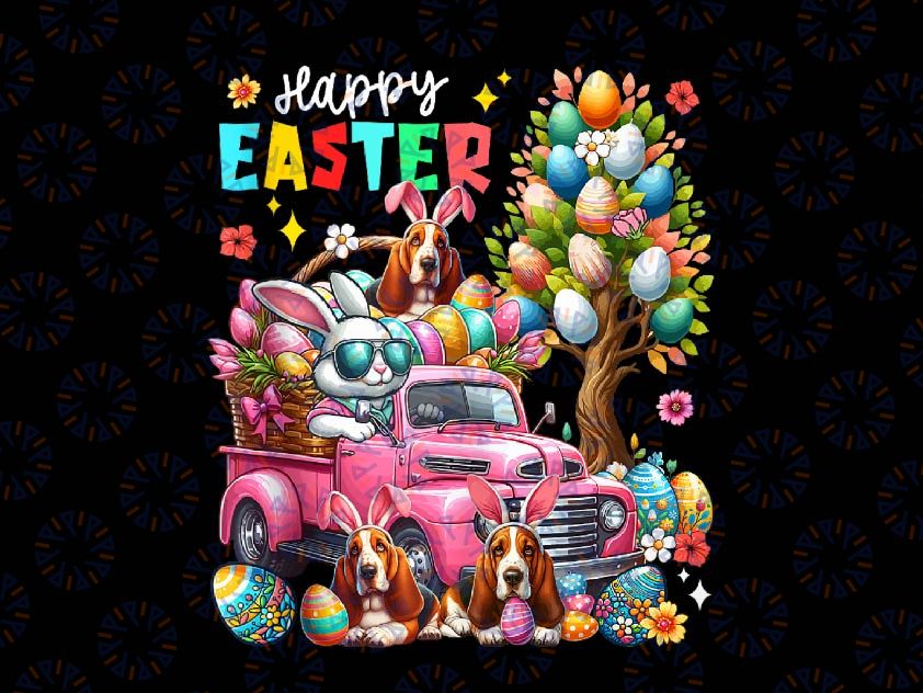 PNG ONLY Happy Easter Three Cute Bunny Truck Png, Basset Hounds On Pickup Truck Png, Easter Day Png, Digital Download